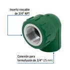 Codo 90° PPR, 3/4', rosca hembra con inserto metálico, FOSET 2