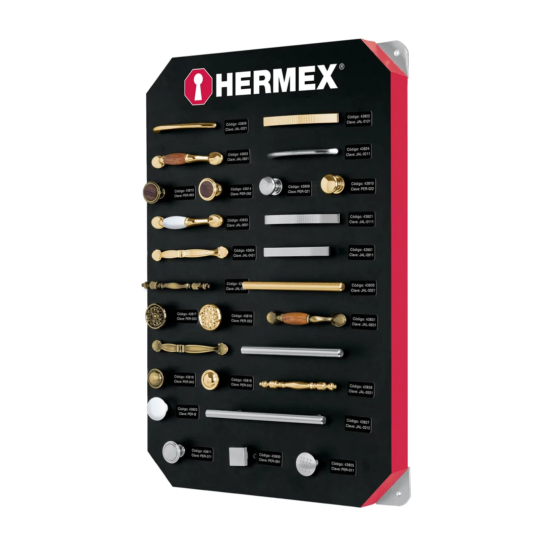Exhibidor con jaladeras y perillas, 1 tablero, HERMEX