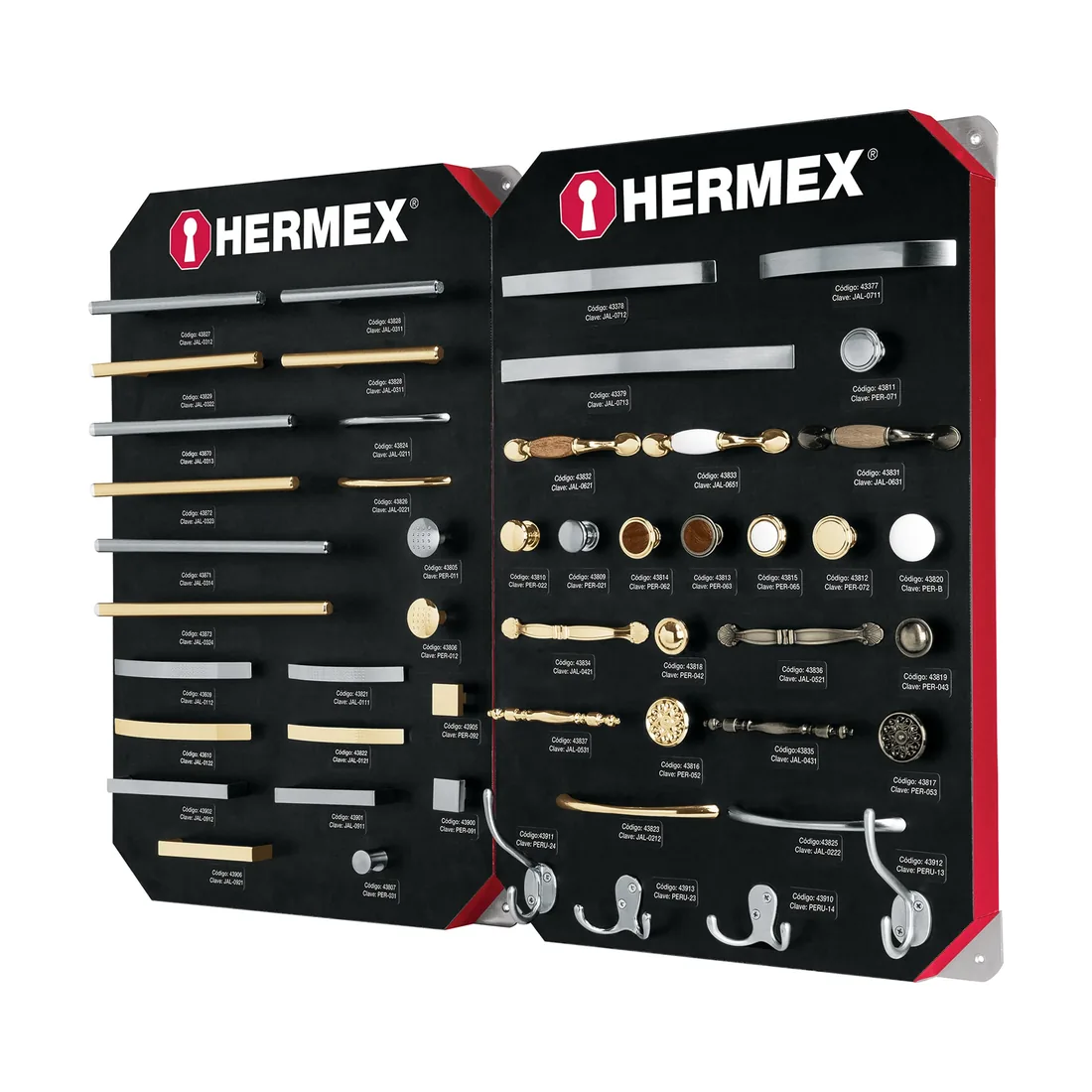Exhibidor con jaladeras y perillas, 2 tableros, HERMEX