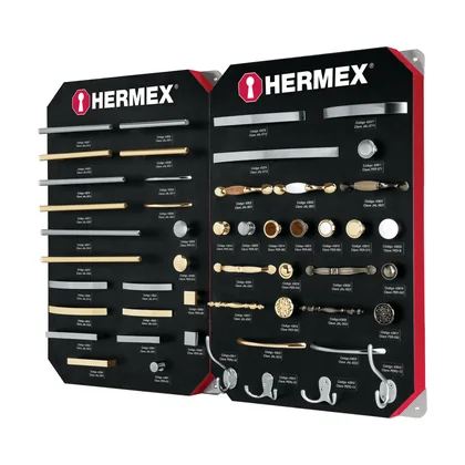 Exhibidor con jaladeras y perillas, 2 tableros, HERMEX