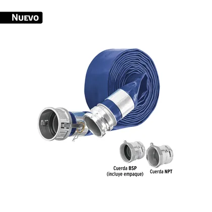 Rollo de manguera plana 3' x 7.5m de descarga con conexiones
