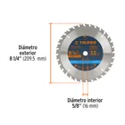 Disco sierra 8-1/4' para madera, 32 dientes centro 5/8' 3