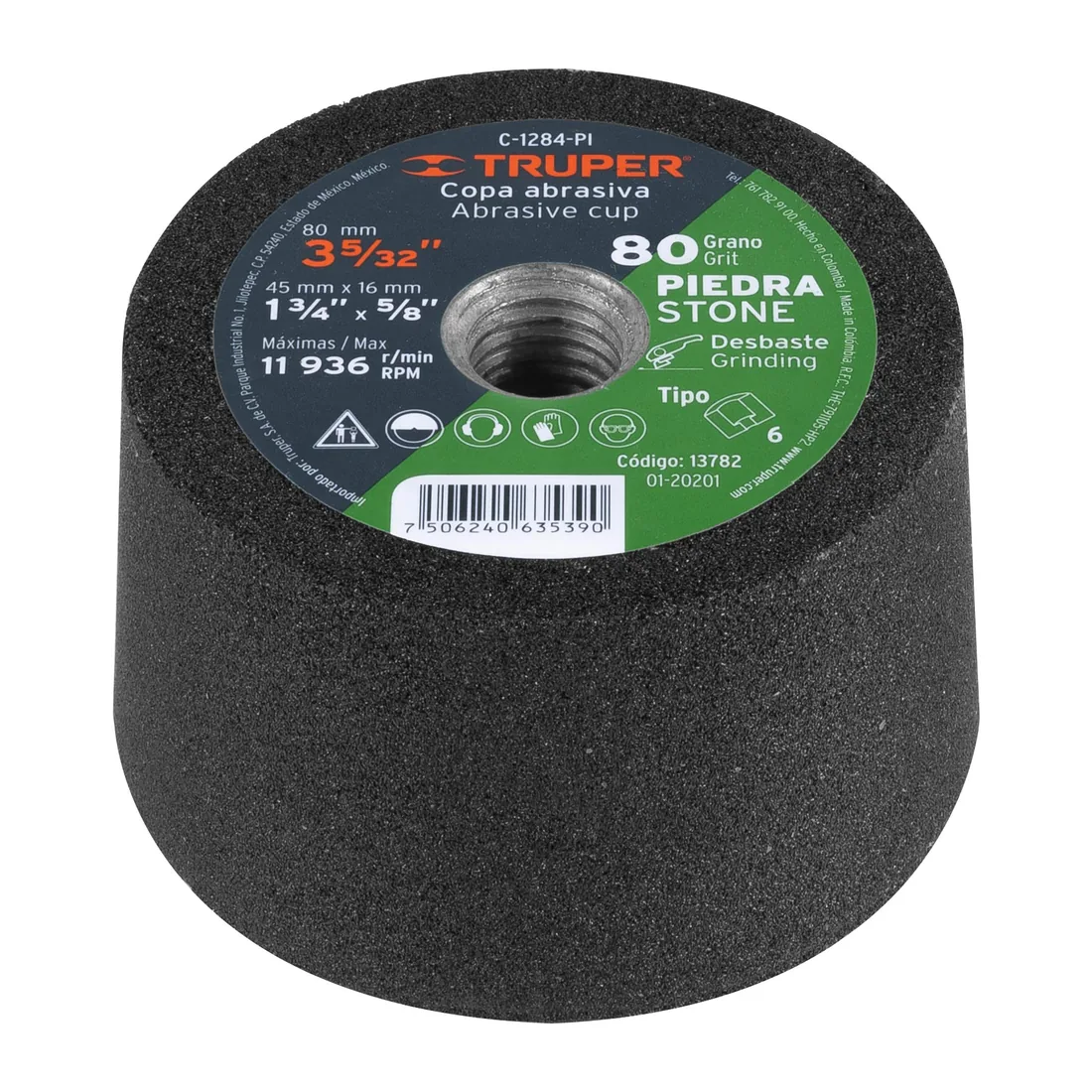 Copa desbaste de piedra 3-5/32' grano 80, eje 5/8-11, TRUPER