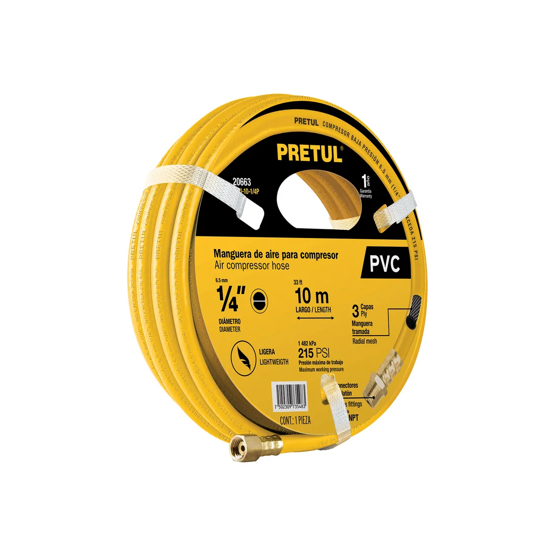 Manguera para compresor, de PVC, 10m x 1/4', PRETUL