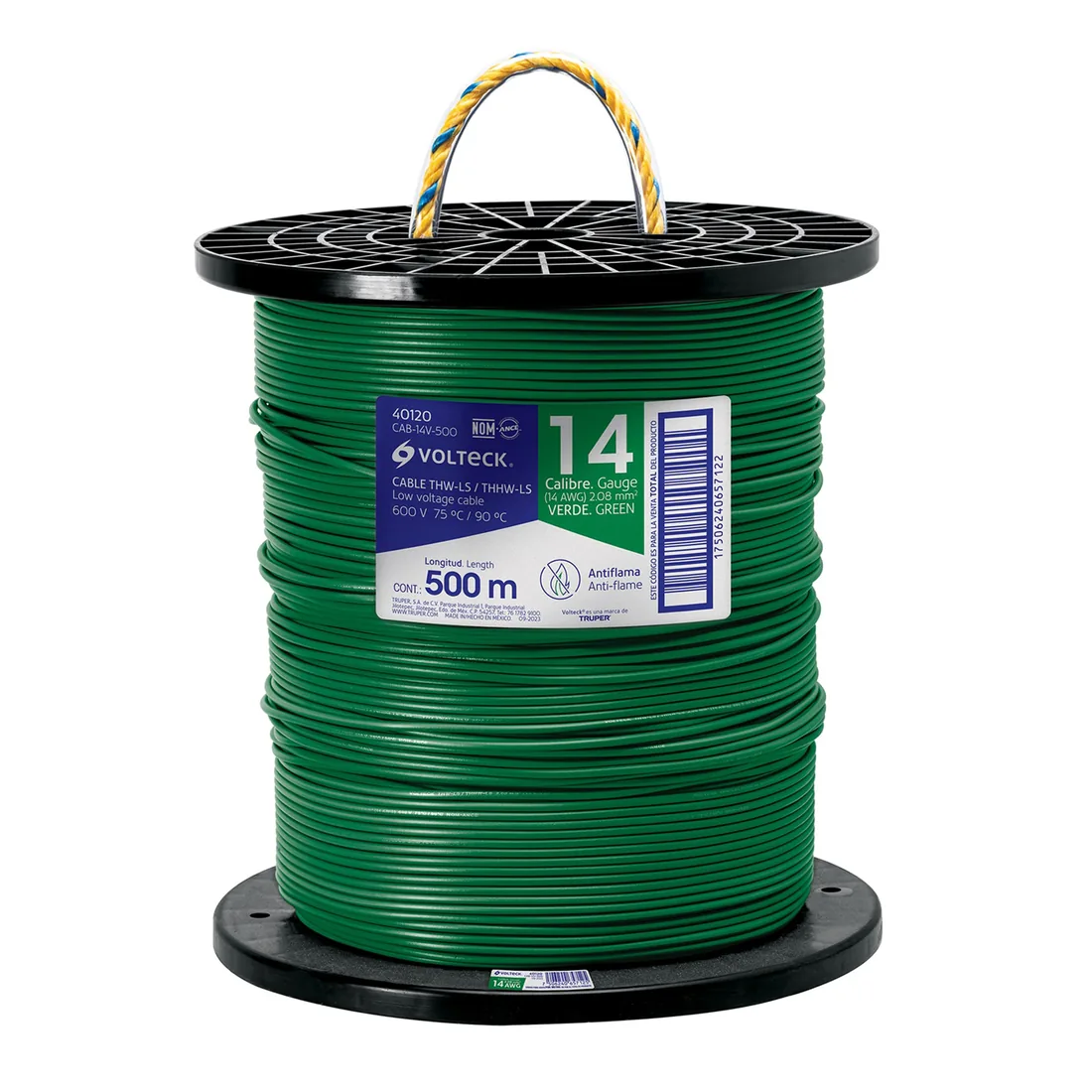 Metro de cable THHW-LS 14 AWG verde en carrete de 500 m