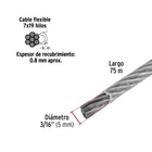 Metro cable flexible 3/16' acero 7x19 recubierto PVC, 75 m 3