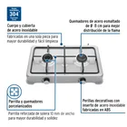 Parrilla de gas de sobreponer,2 quemadores, inox, FOSET AERO 2