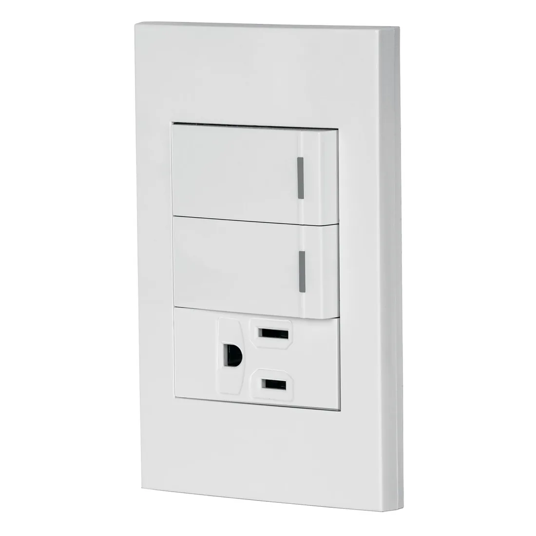 Placa armada 2 interruptores,1 contacto,1mod,Española,blanco