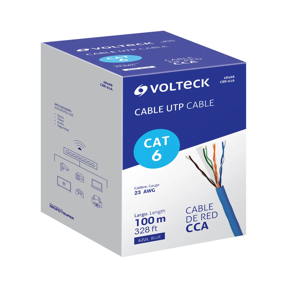 Metro de cable UTP CAT6, Bobina de 100m, azul, VOLTECK