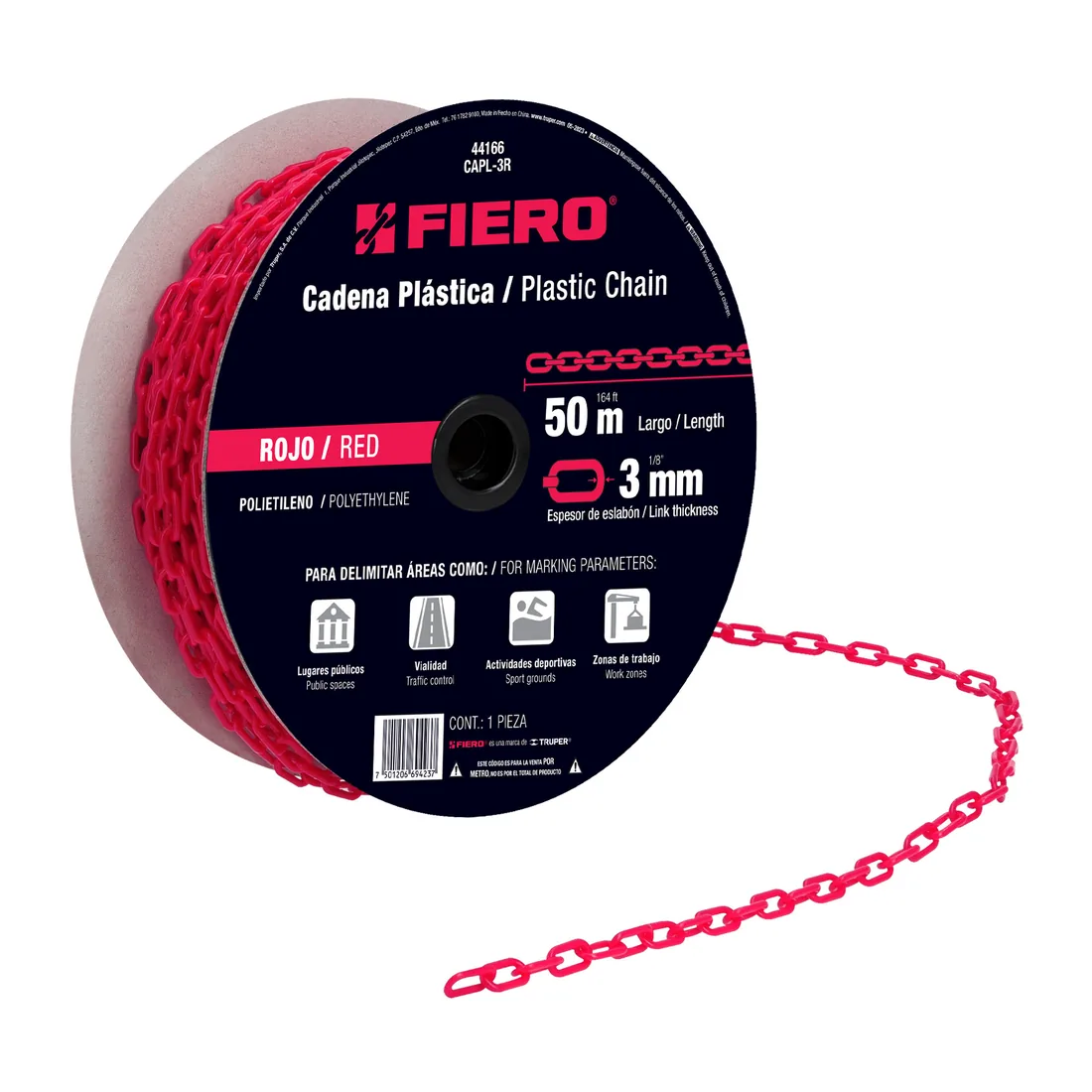 Metro de cadena de 3 mm de plástico roja, carrete de 50 m