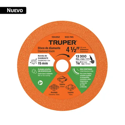 Disco de diamante 4-1/2', corte de vidrio, TRUPER