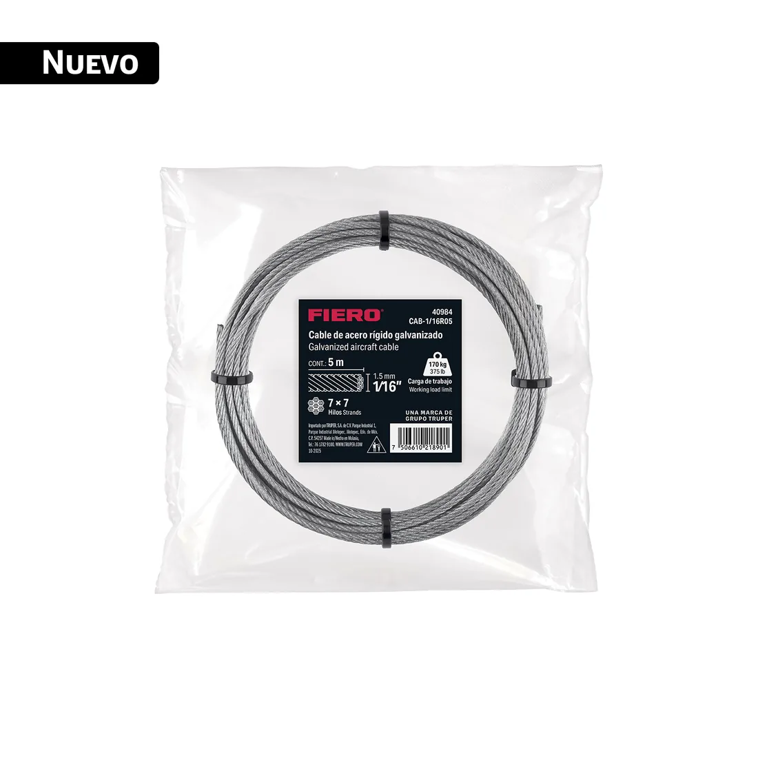 Cable rígido 1/16' x 5 m, acero galvanizado, FIERO