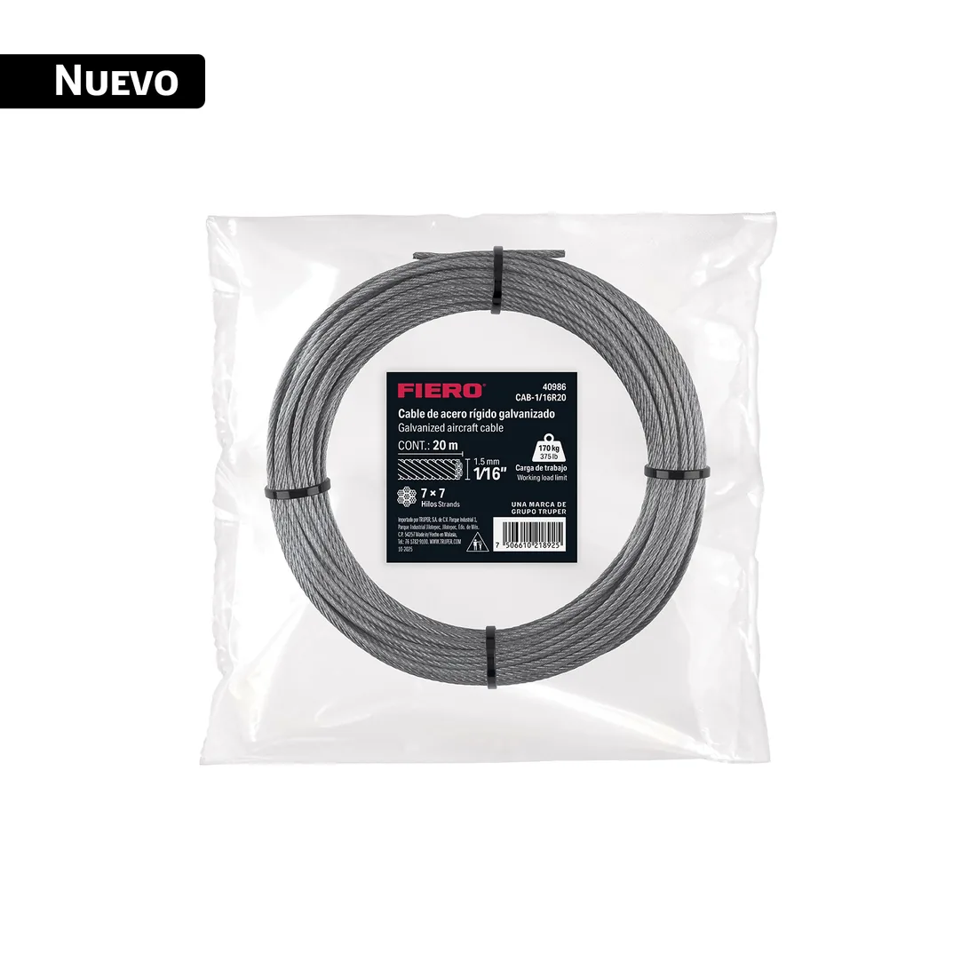 Cable rígido 1/16' x 20 m, acero galvanizado, FIERO
