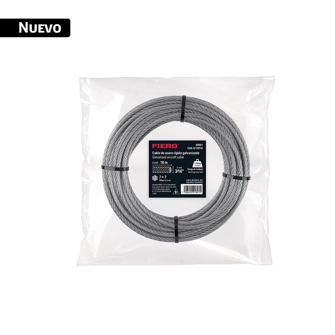 Cable rígido 3/16' x 10 m, acero galvanizado, FIERO
