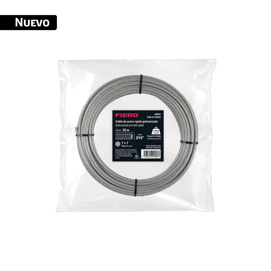Cable rígido 3/16' x 20 m, acero galvanizado, FIERO