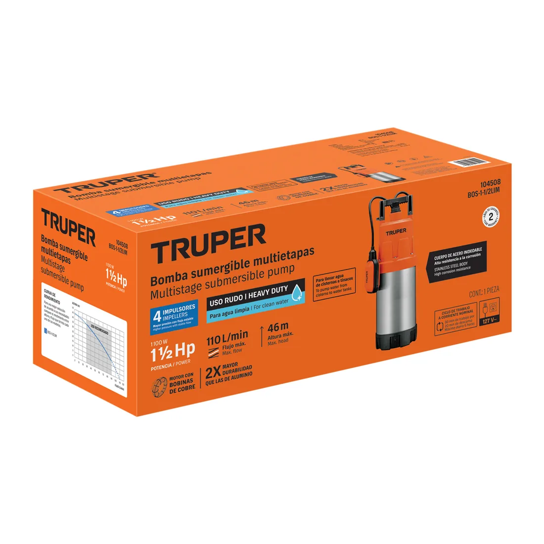 Bomba sumergible acero inoxidable,agua limpia,1-1/2HP,TRUPER