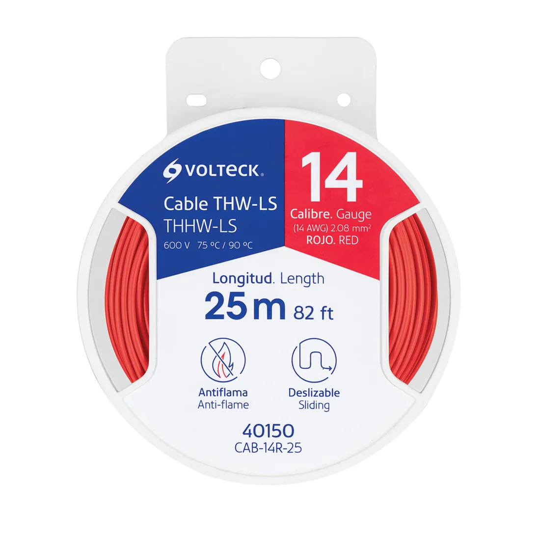 Carrete con 25 m de cable THHW-LS 14 AWG rojo, VOLTECK