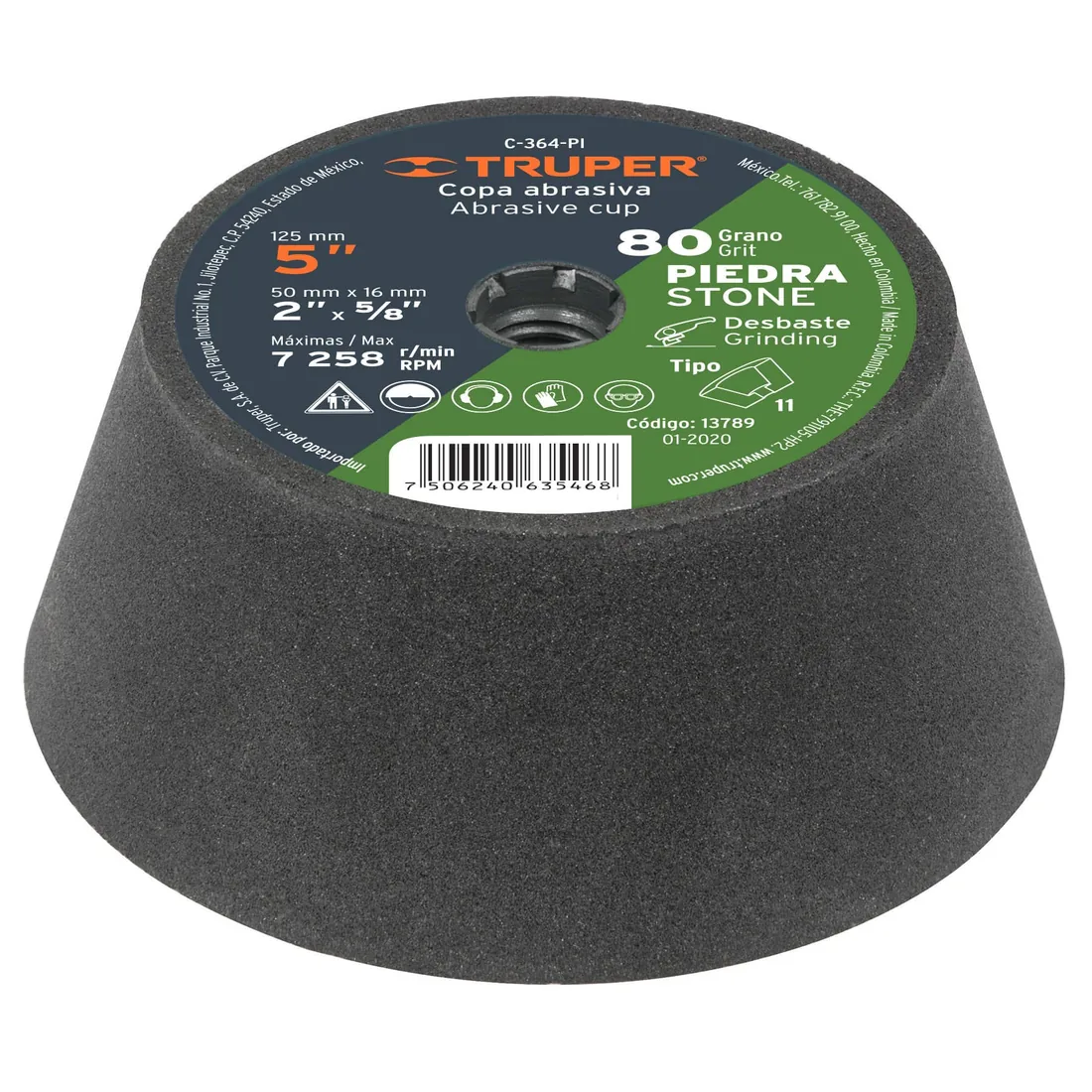 Copa desbaste de piedra 5' grano 80, eje 5/8-11, TRUPER