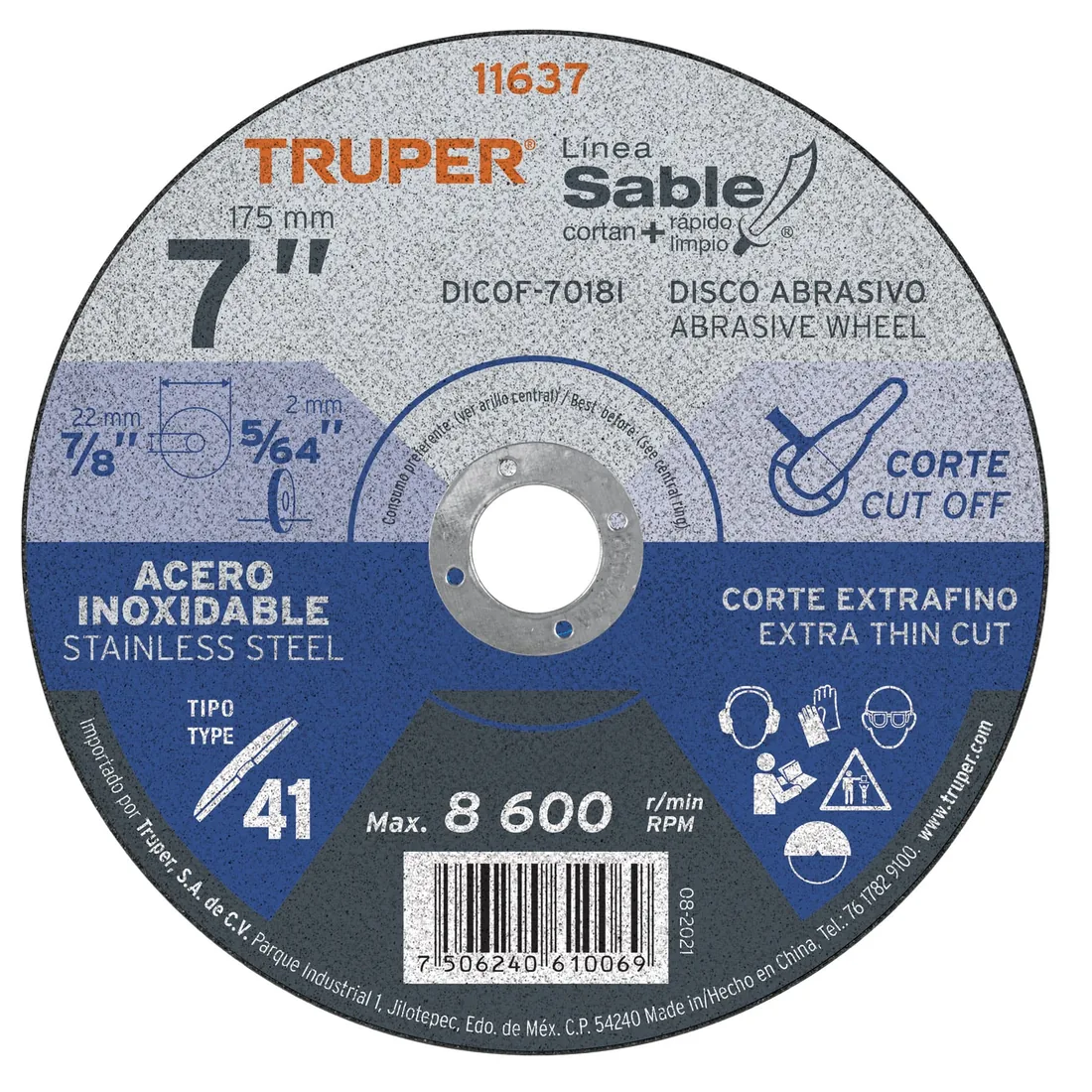 Disco abrasivo de corte preciso acero inox 7' x 1.8mm TRUPER