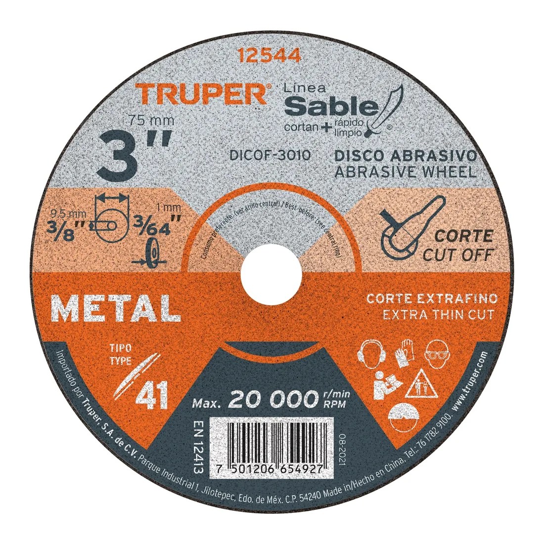 Disco abrasivo de corte preciso metal 3' x 1 mm, TRUPER