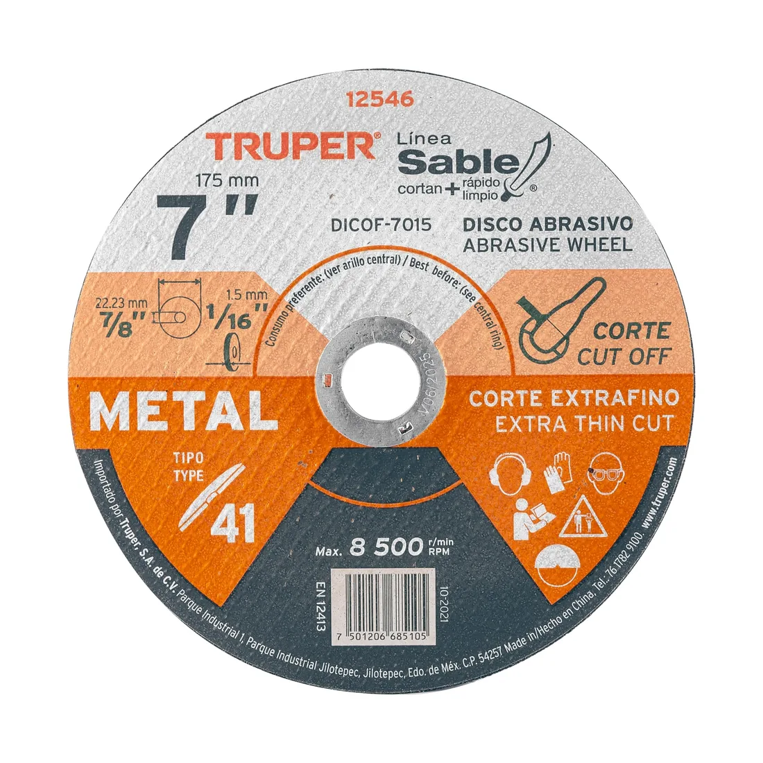 Disco abrasivo de corte preciso metal 7' x 1.5 mm, TRUPER