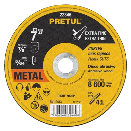 Disco abrasivo de corte preciso metal 7' x 2 mm, PRETUL