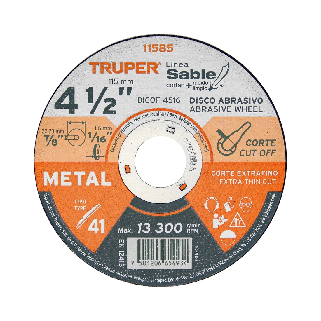 Disco abrasivo de corte preciso metal 4-1/2' x 1.6 mm TRUPER