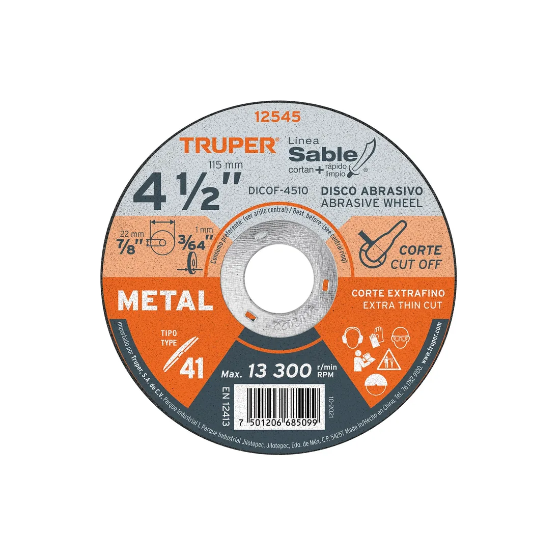 Disco abrasivo de corte preciso metal 4-1/2' x 1 mm, TRUPER
