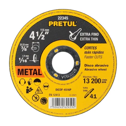 Disco abrasivo de corte preciso metal 4-1/2' x 1.6 mm PRETUL