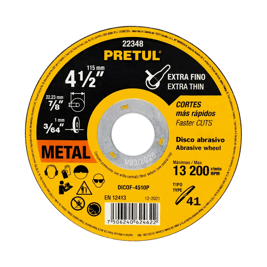 Disco abrasivo de corte preciso metal 4-1/2' x 1 mm, PRETUL