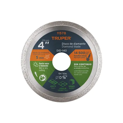 Disco de diamante de 4' x 1.6 mm, rin continuo, TRUPER