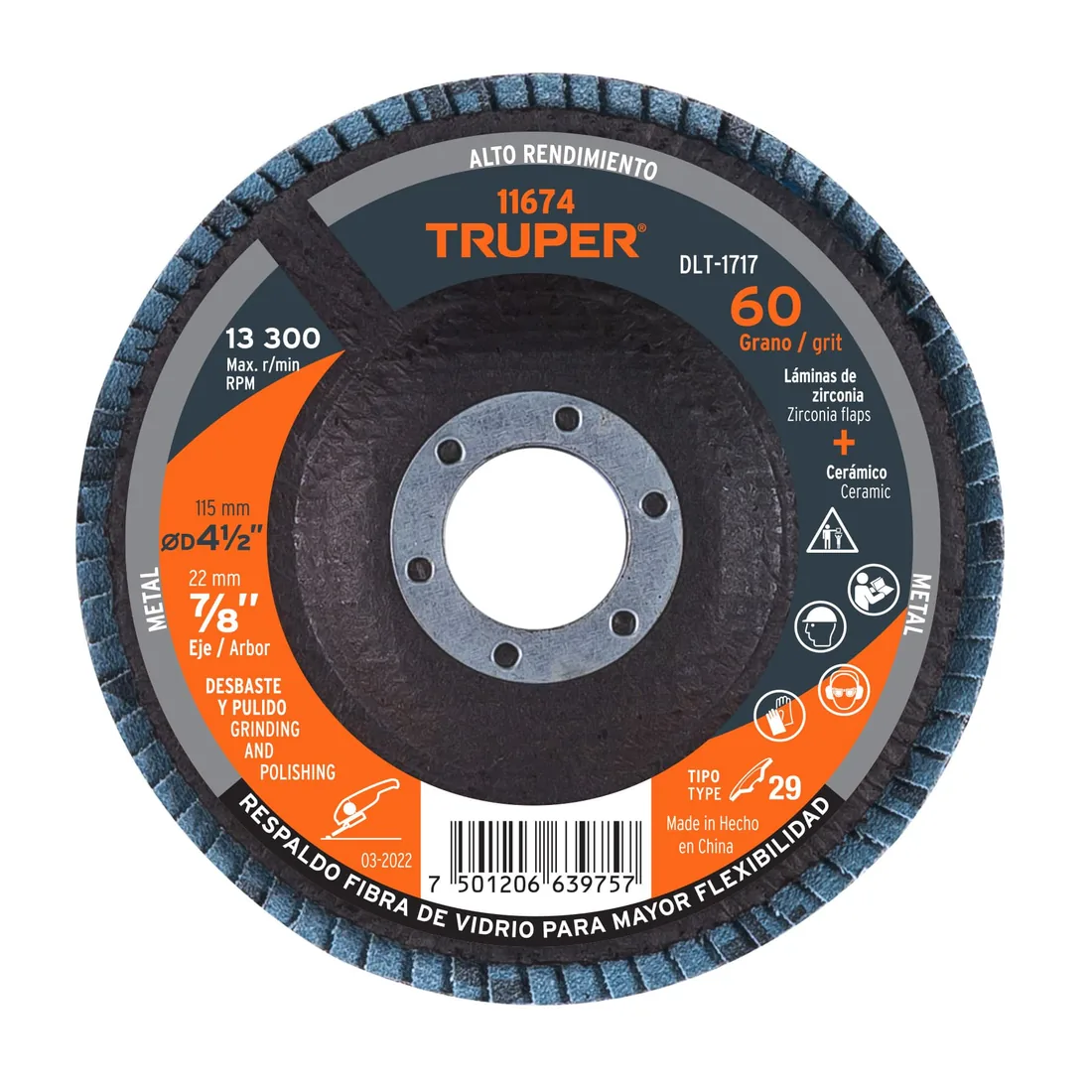 Disco laminado 4-1/2', grano 60 centro 7/8', fibra, TRUPER
