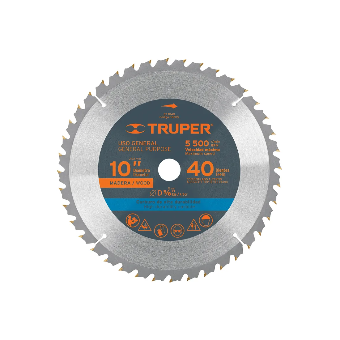 Disco sierra 10' para madera, 40 dientes centro 5/8', TRUPER