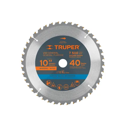 Disco sierra 10' para madera, 40 dientes centro 1', TRUPER