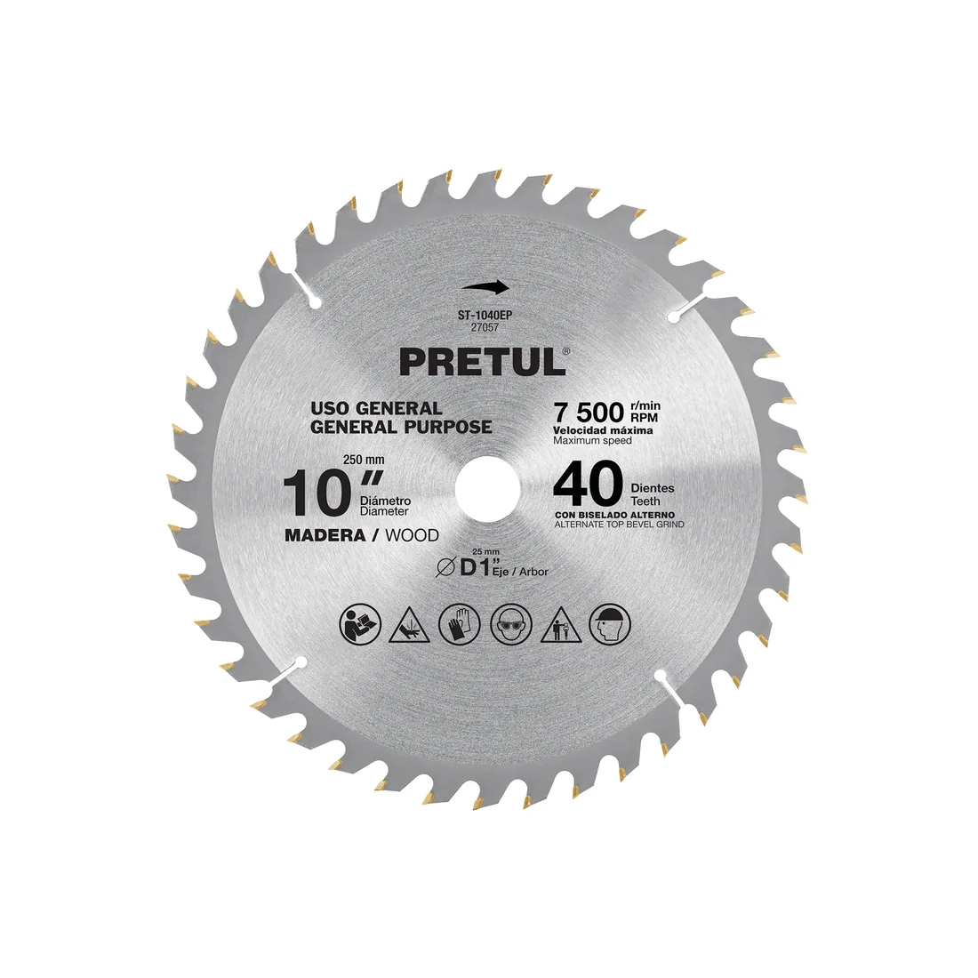 Disco sierra 10' para madera, 40 dientes centro 1', PRETUL