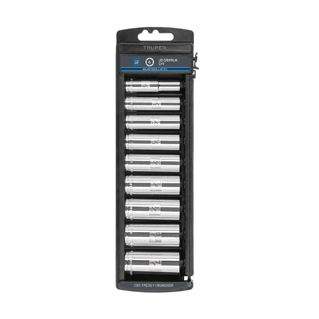 Juego de 9 dados largos cuadro 3/8' mm, TRUPER