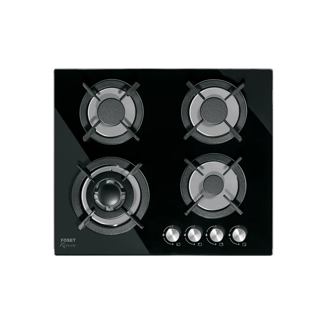 Parrilla gas empotrable 60cm, 4 quem, vidrio negro, RIVIERA