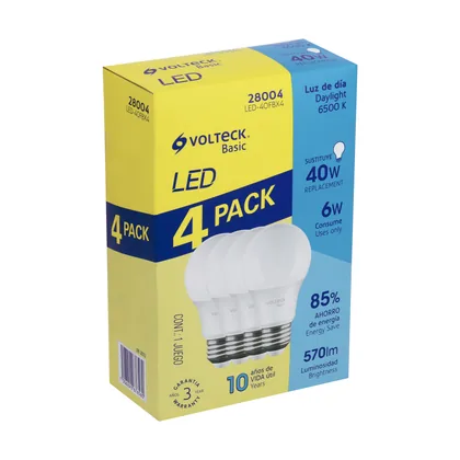 Pack 4 focos LED 6W (40W) A19, 6500K fría, 570 lm, BASIC