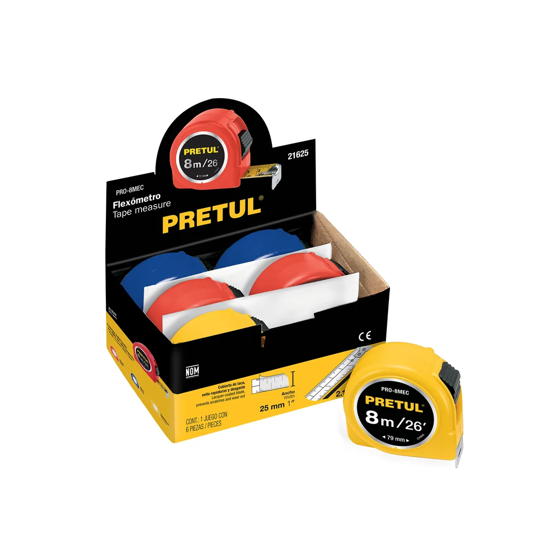 Flexómetro 8 m cinta 25 mm, en display box, PRETUL