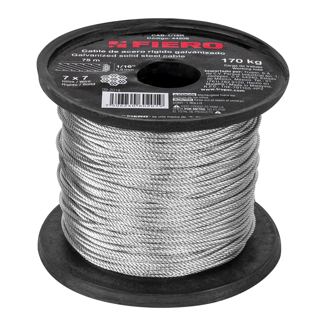 Metro de cable rígido 1/16' de acero 7x7 hilos, 75 m, FIERO
