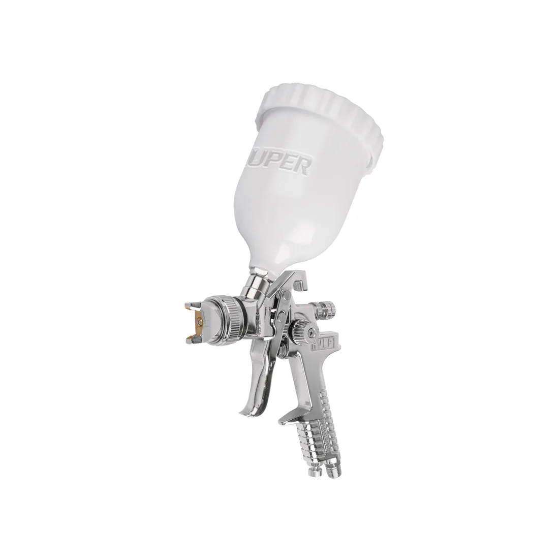 Pistola p/pintar gravedad HVLP vaso plástico, 2 mm, TRUPER