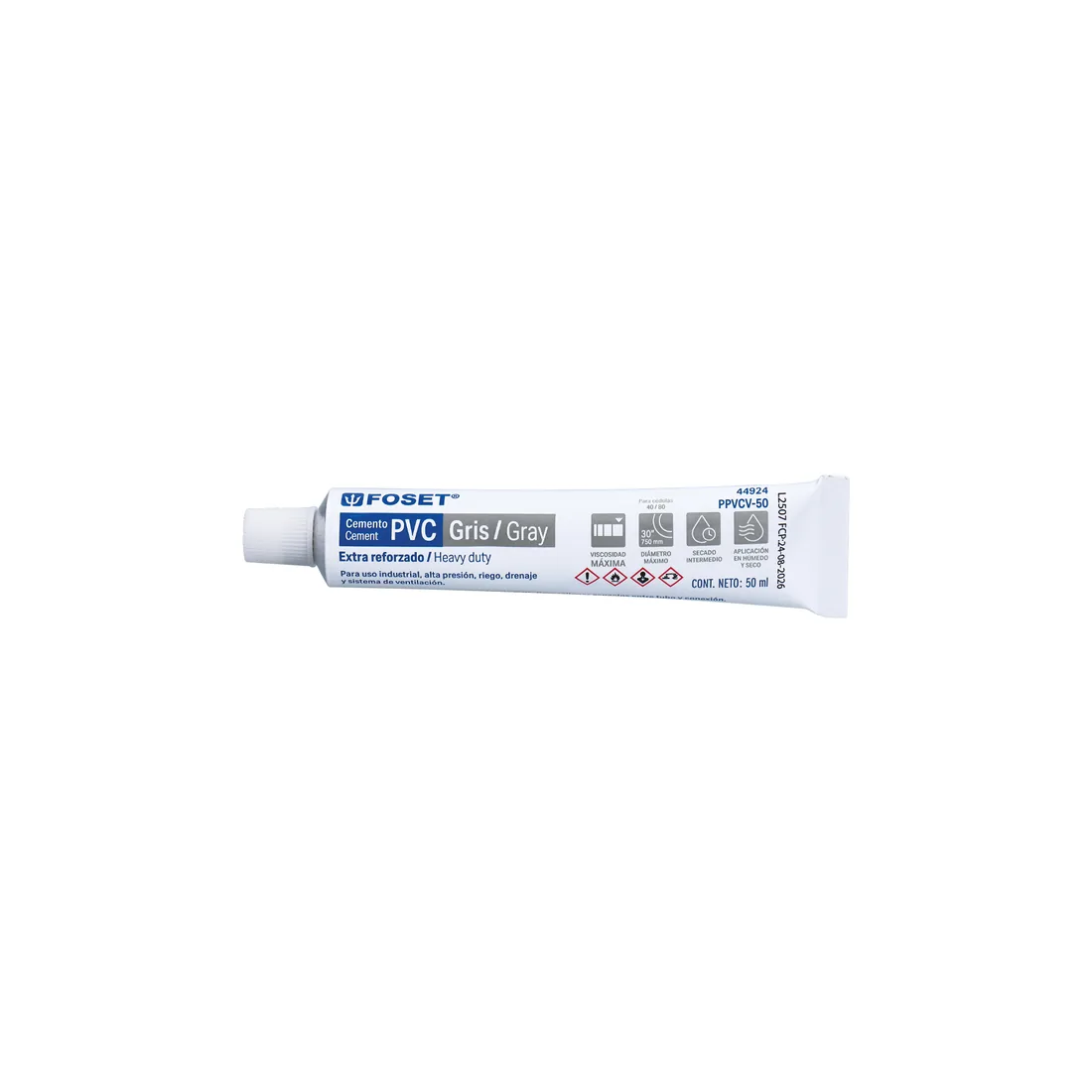 Cemento para PVC, gris, máxima viscosidad, tubo 50ml, FOSET