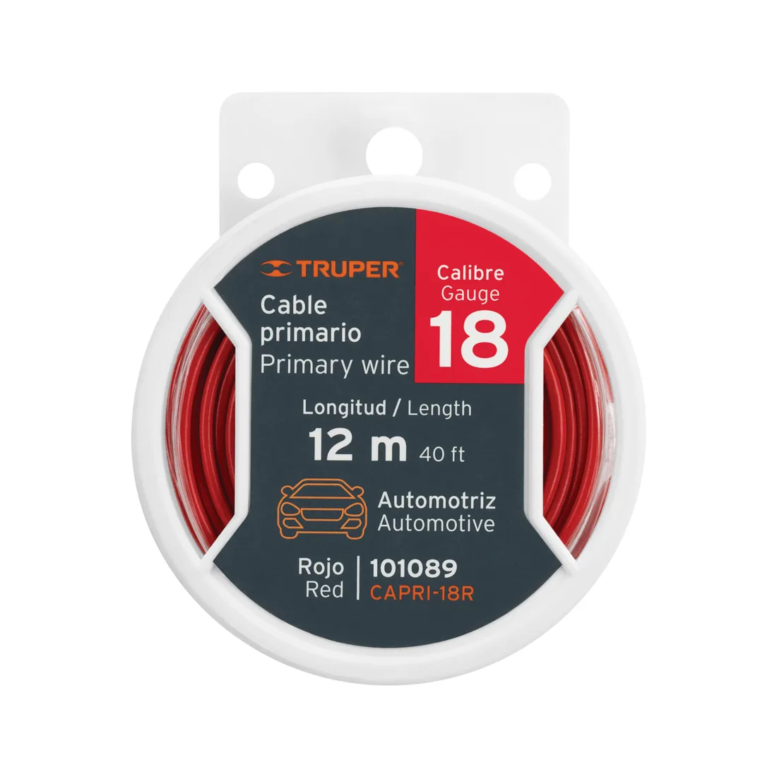 Carrete con 12 m de cable primario rojo calibre 18, TRUPER