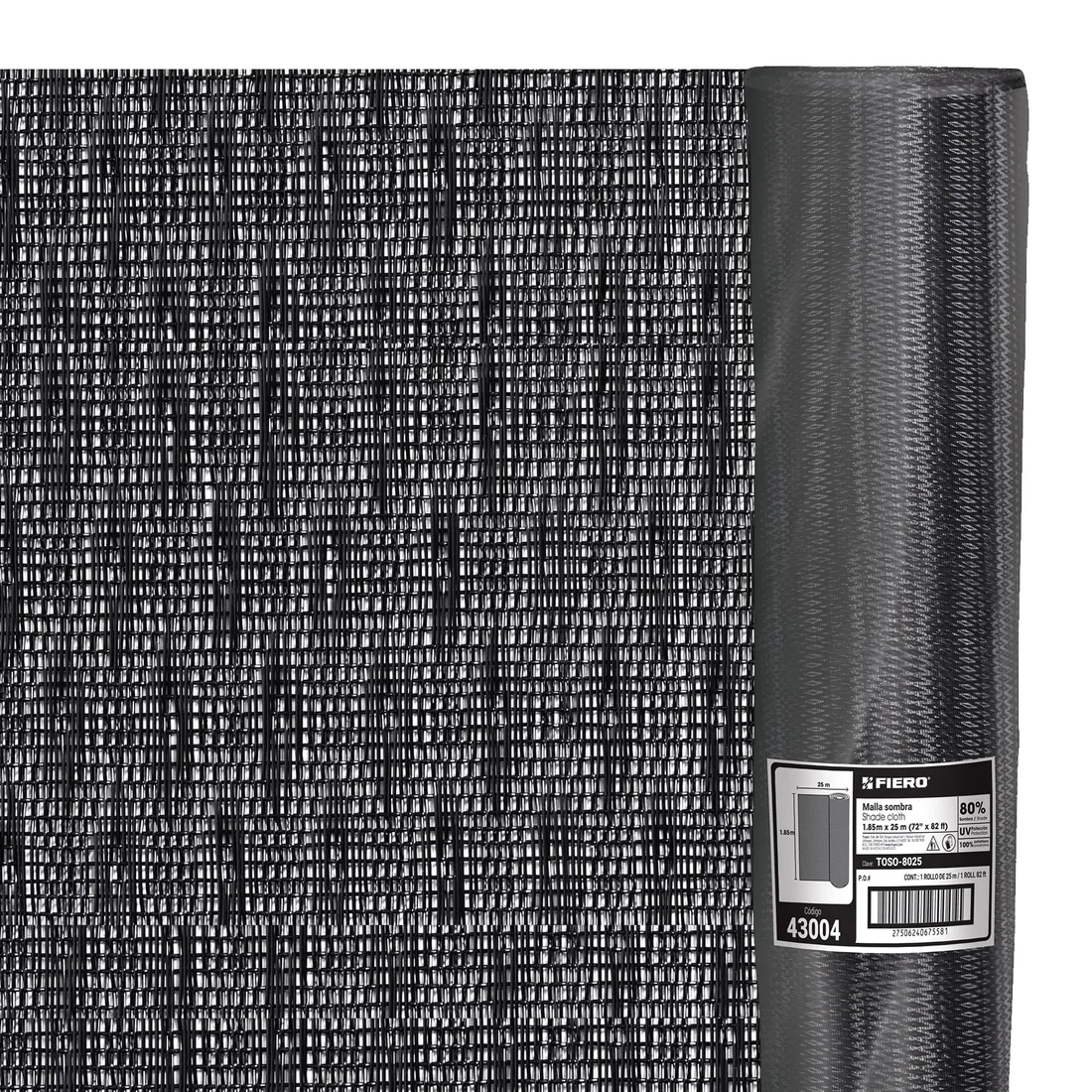 Rollo de malla sombra 80%, monofilamento negro, 1.85m x 25m