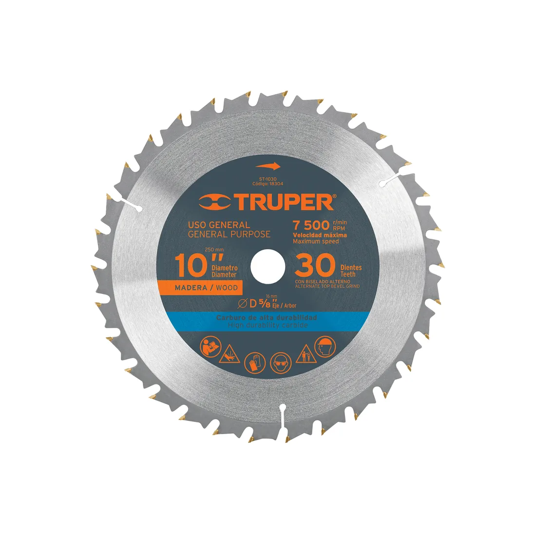 Disco sierra 10' para madera, 30 dientes centro 5/8', TRUPER