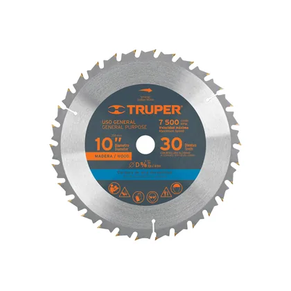 Disco sierra 10' para madera, 30 dientes centro 5/8', TRUPER