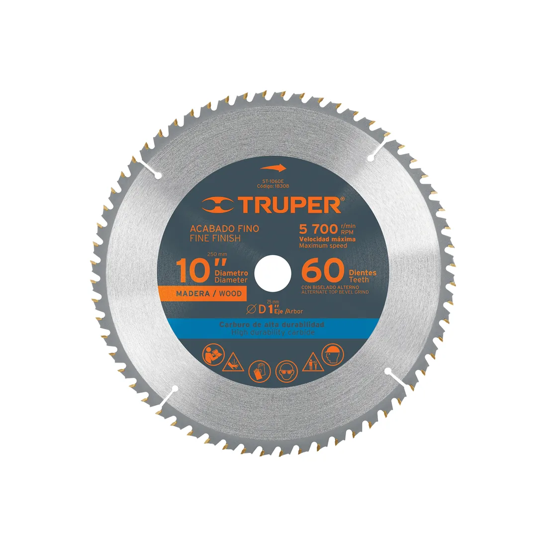 Disco sierra 10' para madera, 60 dientes centro 1', TRUPER