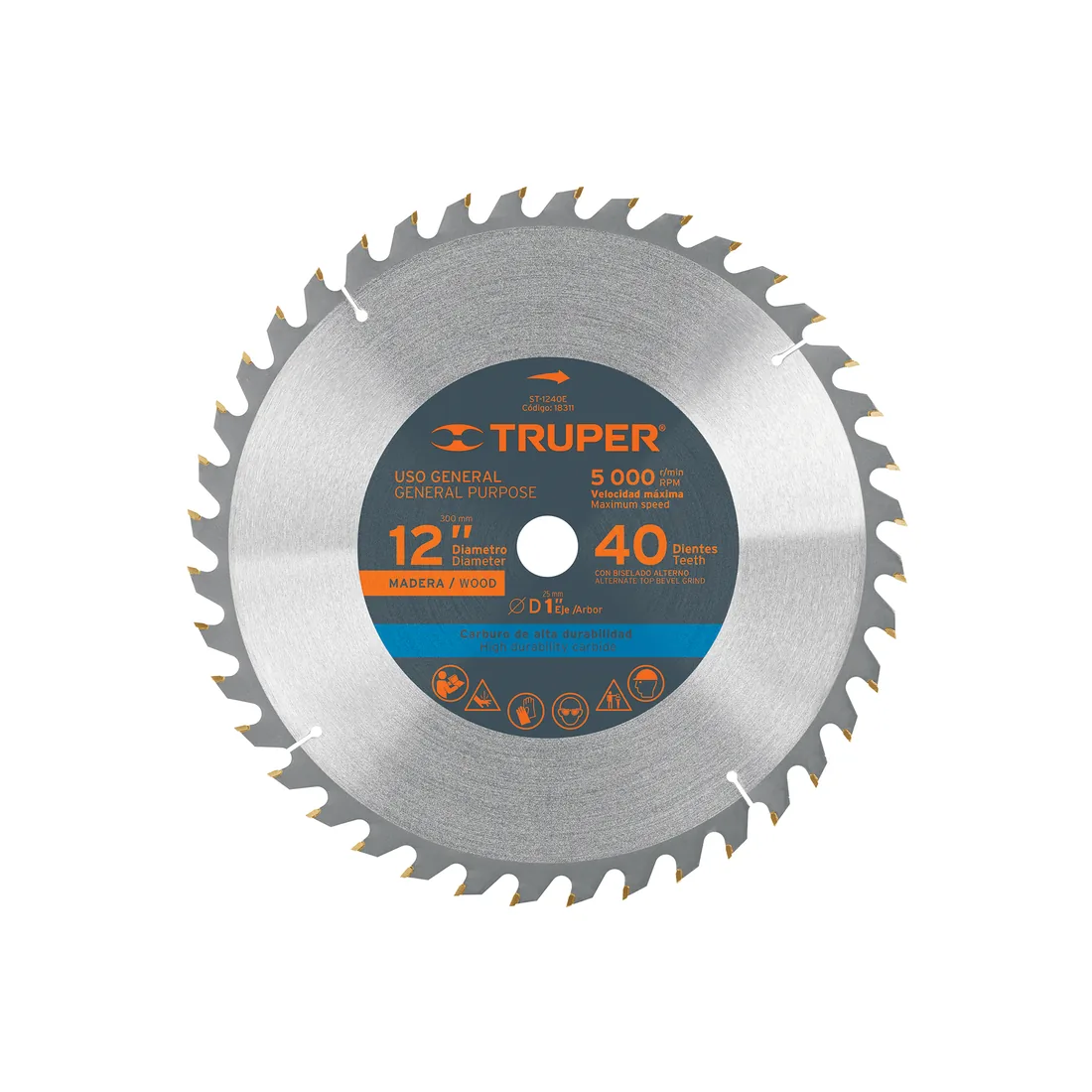 Disco sierra 12' para madera, 40 dientes centro 1', TRUPER
