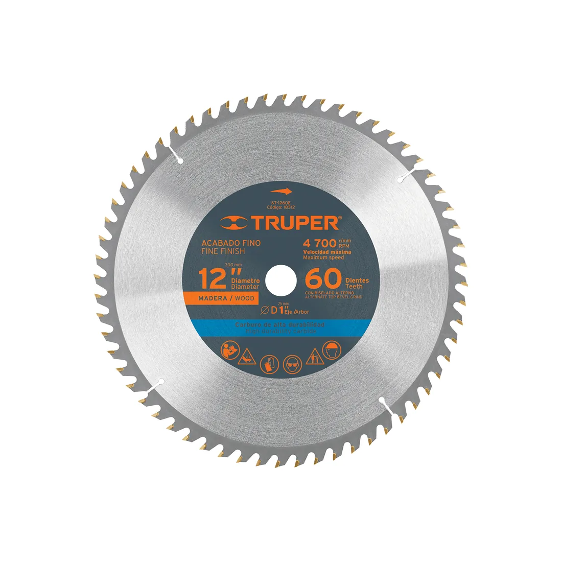 Disco sierra 12' para madera, 60 dientes centro 1', TRUPER