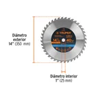 Disco sierra 14' para madera, 40 dientes centro 1', TRUPER 3